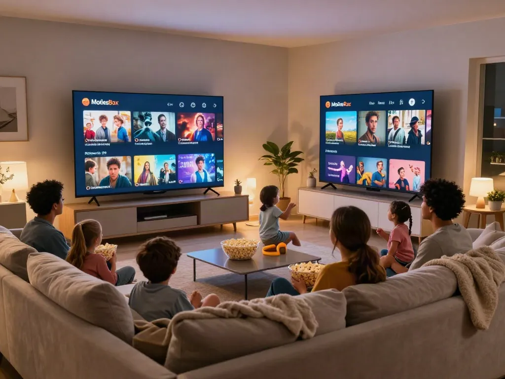 Family using the MoviesBox app to stream their favorite shows in a cozy living room.