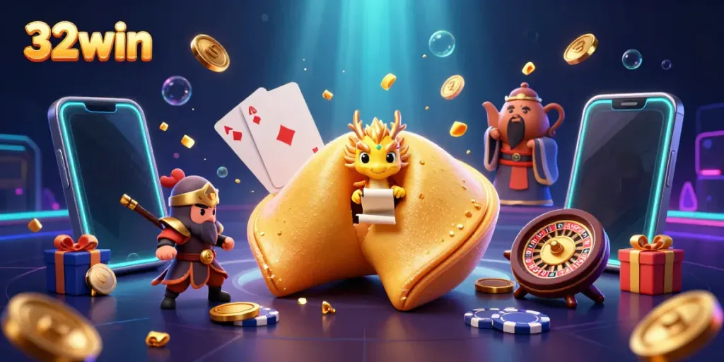 Experience the thrill of 32win gaming with a vibrant 3D illustration of a golden cookie and casino elements.
