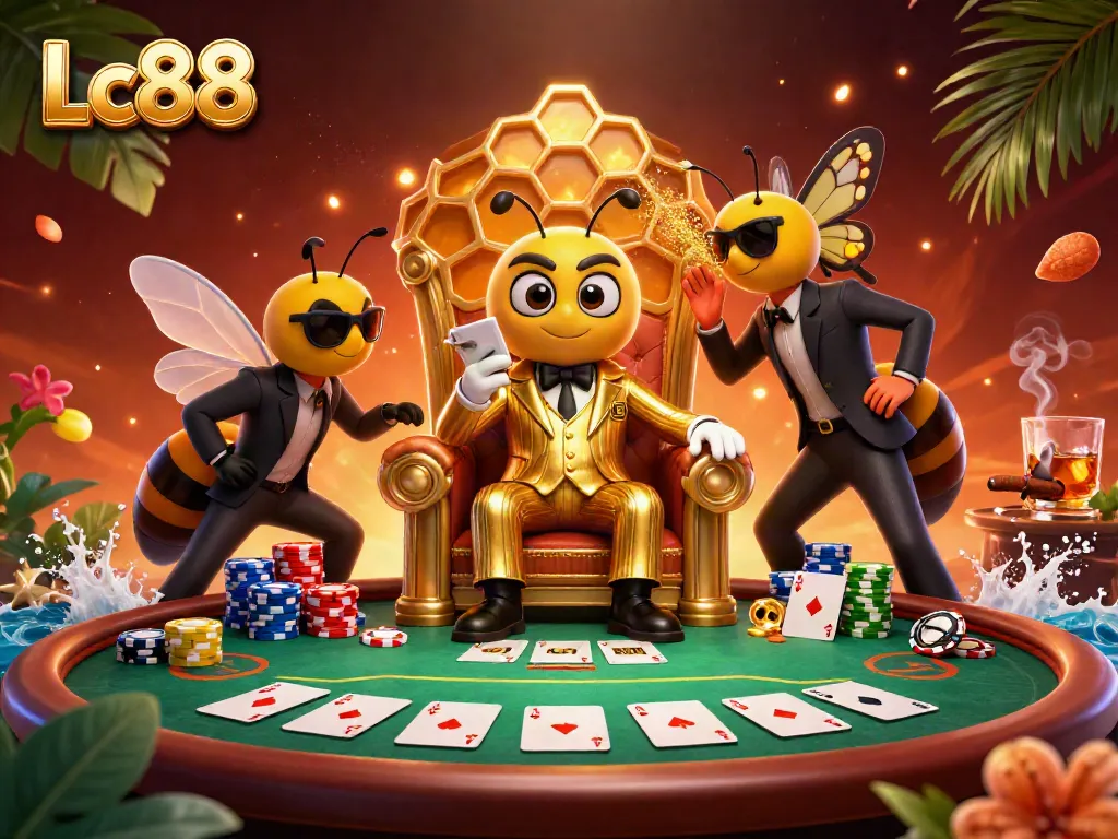 Experience thrilling poker action at Lc88, featuring a buzzing bumblebee mob boss in a vibrant casino.