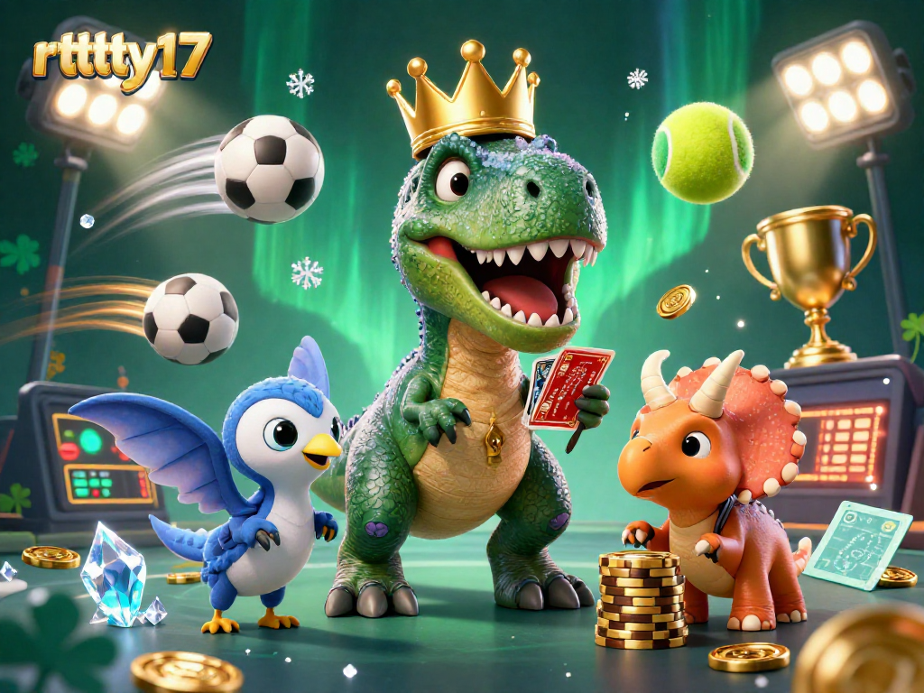 Join the fun at rttty17 with a playful T-Rex and friends enjoying casino action.
