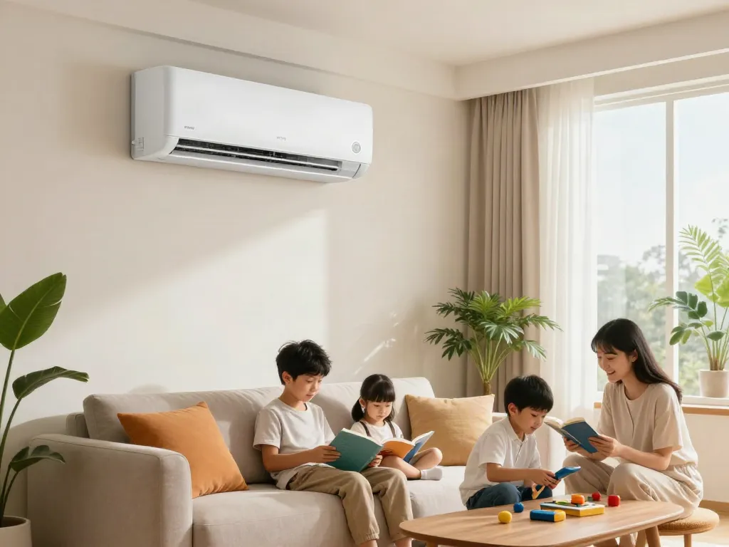 Cozy family living room featuring a mini split air conditioner, enhancing comfort and cooling.